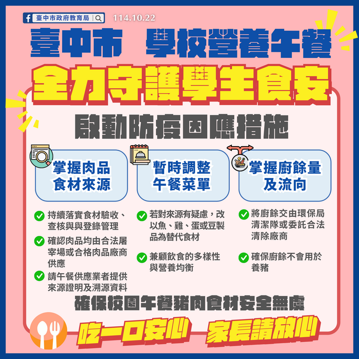 國內發生疑似非洲豬瘟事件，教育局啟動防疫因應措施 11月底前禁止使用溫體豬 確保校園午餐豬肉食材安全無虞圖片